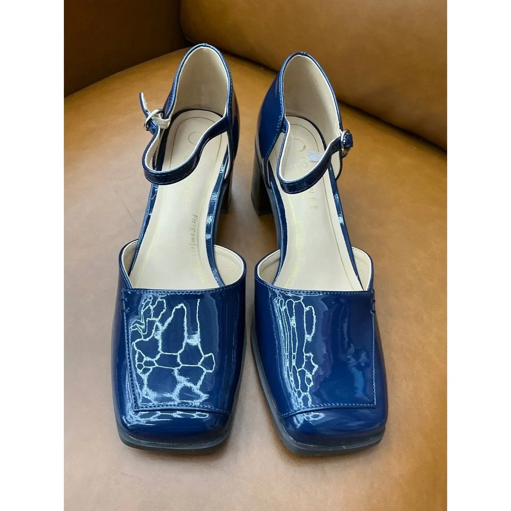 Journee Evangeline Pump Womens 9 Navy Blue Patent Mary Jane Block Heel